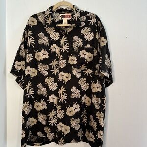 Blue Skyline 100% Silk Hawaiian Shirt Black and Beige Size XL